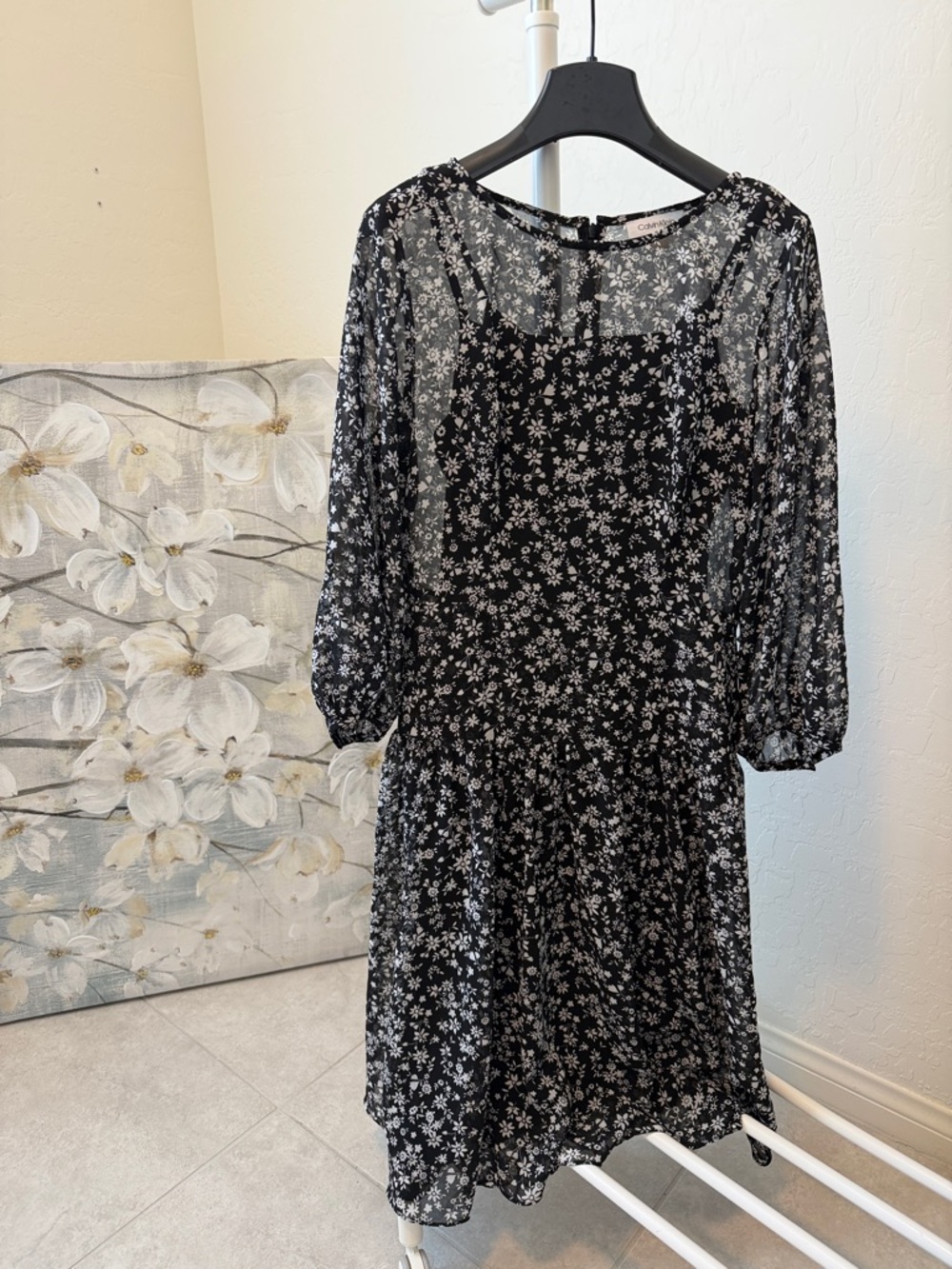 Calvin Klein Black Floral Long Sleeve Sheer Dress